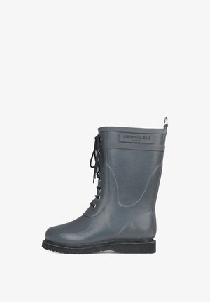 Gray rubber rain boot with a textured surface, laces on the front, and a pull tab at the back. Features a sturdy black sole with traction.