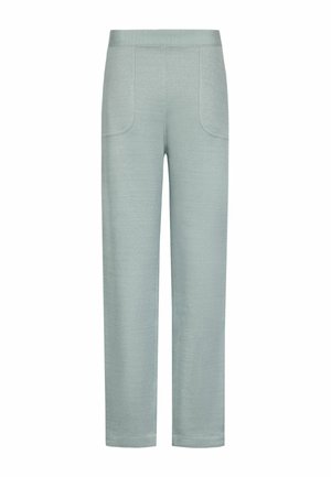 Pantaloni azzurri a gamba dritta con vita elastica e tasche applicate frontali, mostrati su uno sfondo bianco.
