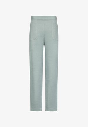 Jasnoniebieskie spodnie o prostych nogawkach z elastycznym pasem i przednimi kieszeniami naszywanymi, prezentowane na białym tle.