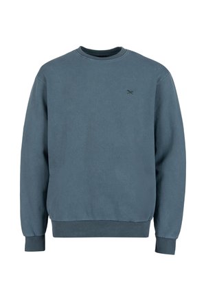 Blaues Sweatshirt mit Rundhalsausschnitt, langen Ärmeln, gerippten Bündchen und Saum sowie kleinem gesticktem Logo auf der linken Brust.