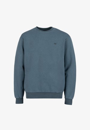 Blaues Sweatshirt mit Rundhalsausschnitt, langen Ärmeln, gerippten Bündchen und Saum sowie kleinem gesticktem Logo auf der linken Brust.