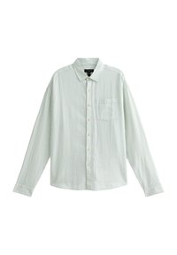 Camisa de manga larga a rayas verde claro, hecha de algodón, con frente abotonado, un bolsillo en el pecho y diseño de collar estándar.