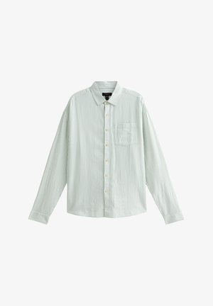 Lichtgroen gestreept overhemd met lange mouwen, gemaakt van katoen, met een knoopsluiting aan de voorkant, een enkele borstzak en een standaard kraagontwerp.