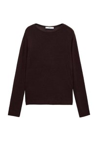 Pull léger en tricot marron foncé, col rond, manches longues, ourlet et poignets côtelés, avec une texture lisse et un design minimaliste.