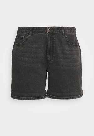 Sorte denimshorts med lommer foran og bagpå, bæltestropper, knaplukning og opsmøgede kanter.