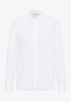 Witte langarm overhem sleutel gemaakt van een zachte stof. Beschikt over een klassieke kraag en een voorkant met knopen. Eenvoudig, strak ontwerp.