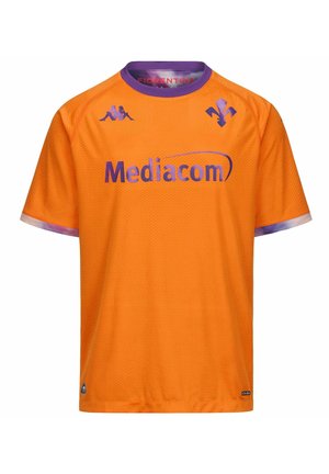 Maillot de football orange de la Fiorentina avec col violet, logo du sponsor Mediacom, logos de la marque Kappa et emblème de l'équipe sur la poitrine.