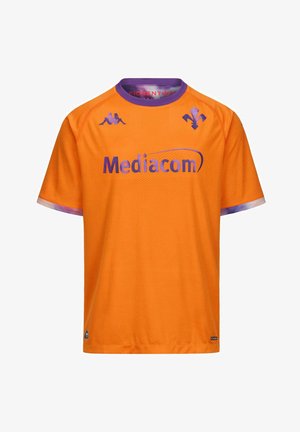 Maillot de football orange de la Fiorentina avec col violet, logo du sponsor Mediacom, logos de la marque Kappa et emblème de l'équipe sur la poitrine.