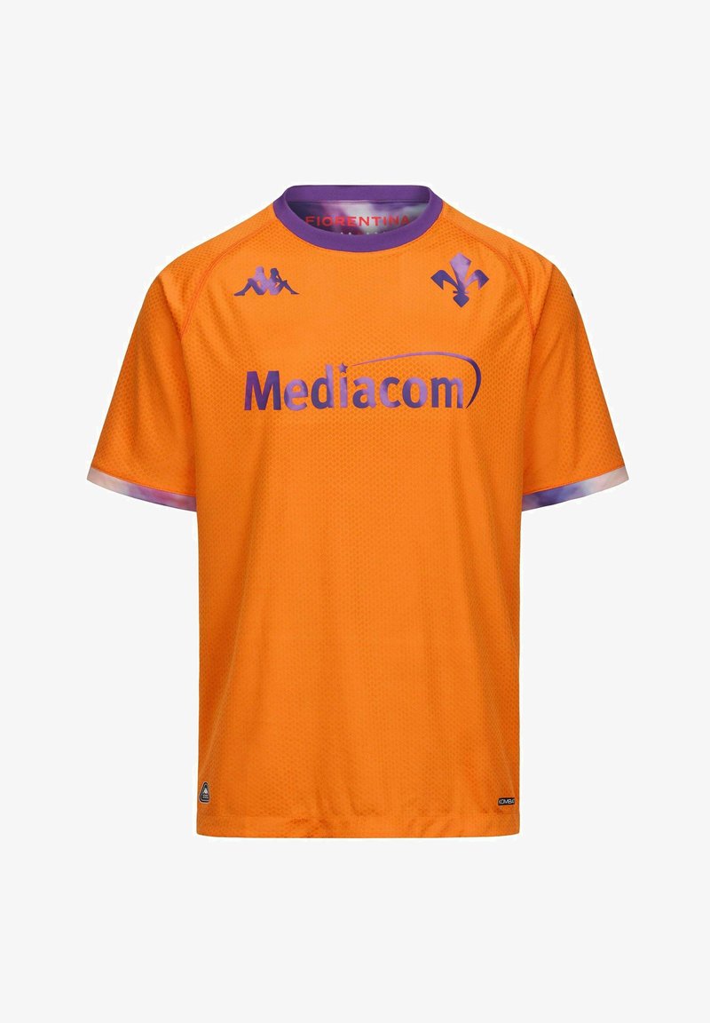 Maillot de football orange de la Fiorentina avec col violet, logo du sponsor Mediacom, logos de la marque Kappa et emblème de l'équipe sur la poitrine.