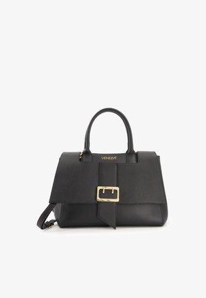 Black leather handbag with a structured design, featuring a prominent gold buckle detail, dual handles, and adjustable shoulder strap.