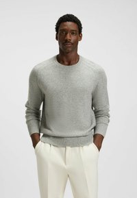 Maglione grigio chiaro in morbido tessuto a maglia, con polsini e orlo a coste, maniche inserite, scollatura rotonda, abbinato a pantaloni crema.