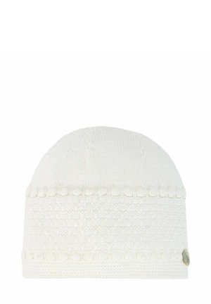Bonnet en tricot blanc avec un motif texturé, des accents de pompon décoratifs et un logo sur le côté. Matière douce et flexible.