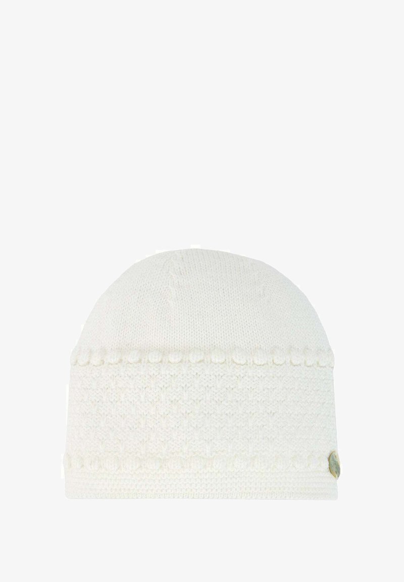 Biała dziana czapka beanie z teksturowanym wzorem, dekoracyjnymi pomponami i detalem logo po boku. Miękki, elastyczny materiał.