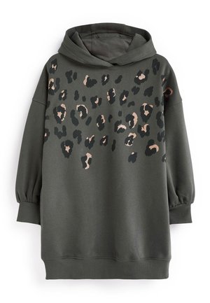 Sudadera con capucha de color verde oliva con estampado de leopardo en negro y oro rosa. Presenta mangas abullonadas y puños y dobladillo acanalados. Textura de tela suave.