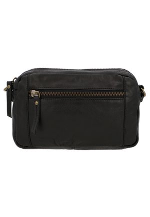 Črna usnjena torba s pravokotno obliko, sprednjim žepom na zadrgo z zlatimi dodatki in gladko teksturo.