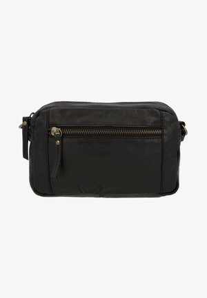 Črna usnjena torba s pravokotno obliko, sprednjim žepom na zadrgo z zlatimi dodatki in gladko teksturo.