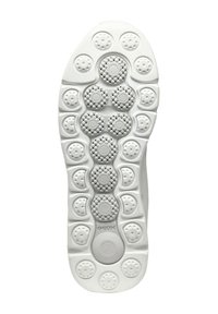 Suela de zapato de goma blanca con puntos de presión circulares, patrones de textura y agujeros de ventilación. Branding de Geox visible cerca del talón.