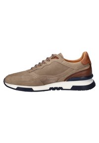 Beige and brown men's casual sneaker with lace-up closure, perforated side panels, white midsole, and black outsole.