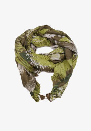 Sciarpa verde e marrone con motivo palmare, caratterizzata da disegni di foglie di palma, orli frangiati e tessuto leggero. Forma arrotondata adatta per essere drappeggiata.