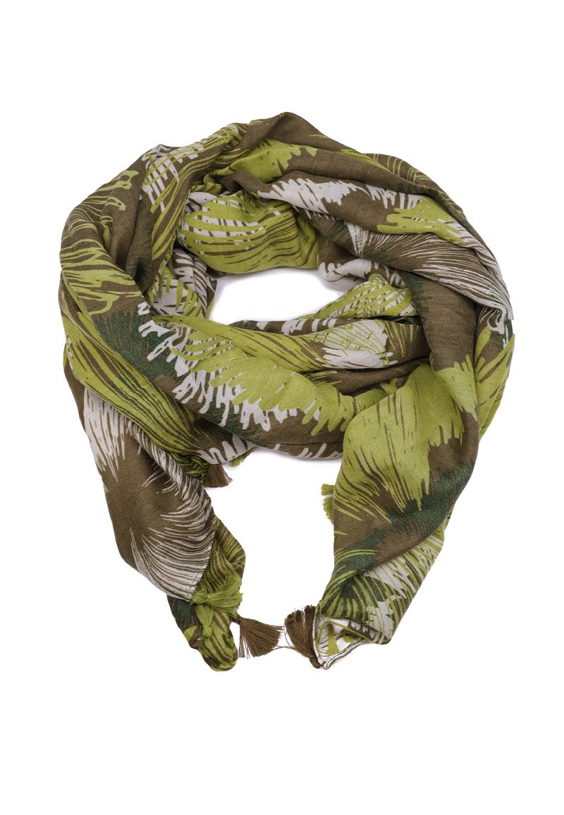 Sciarpa verde e marrone con motivo palmare, caratterizzata da disegni di foglie di palma, orli frangiati e tessuto leggero. Forma arrotondata adatta per essere drappeggiata.
