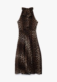 Robe imprimée animal avec un col halter, présentant des taches de léopard brunes et noires sur un tissu transparent, nouée à l'arrière avec un nœud accentué.