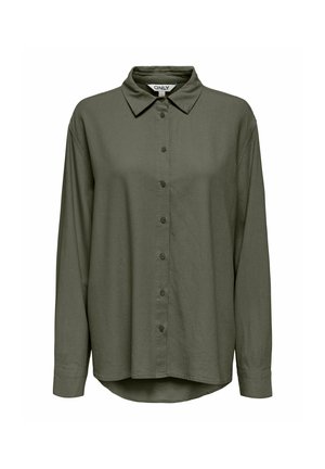 Chemise kaki à manches longues avec boutons, col et ourlet arrondi, design sobre et étiquette de marque visible à l'intérieur du col.