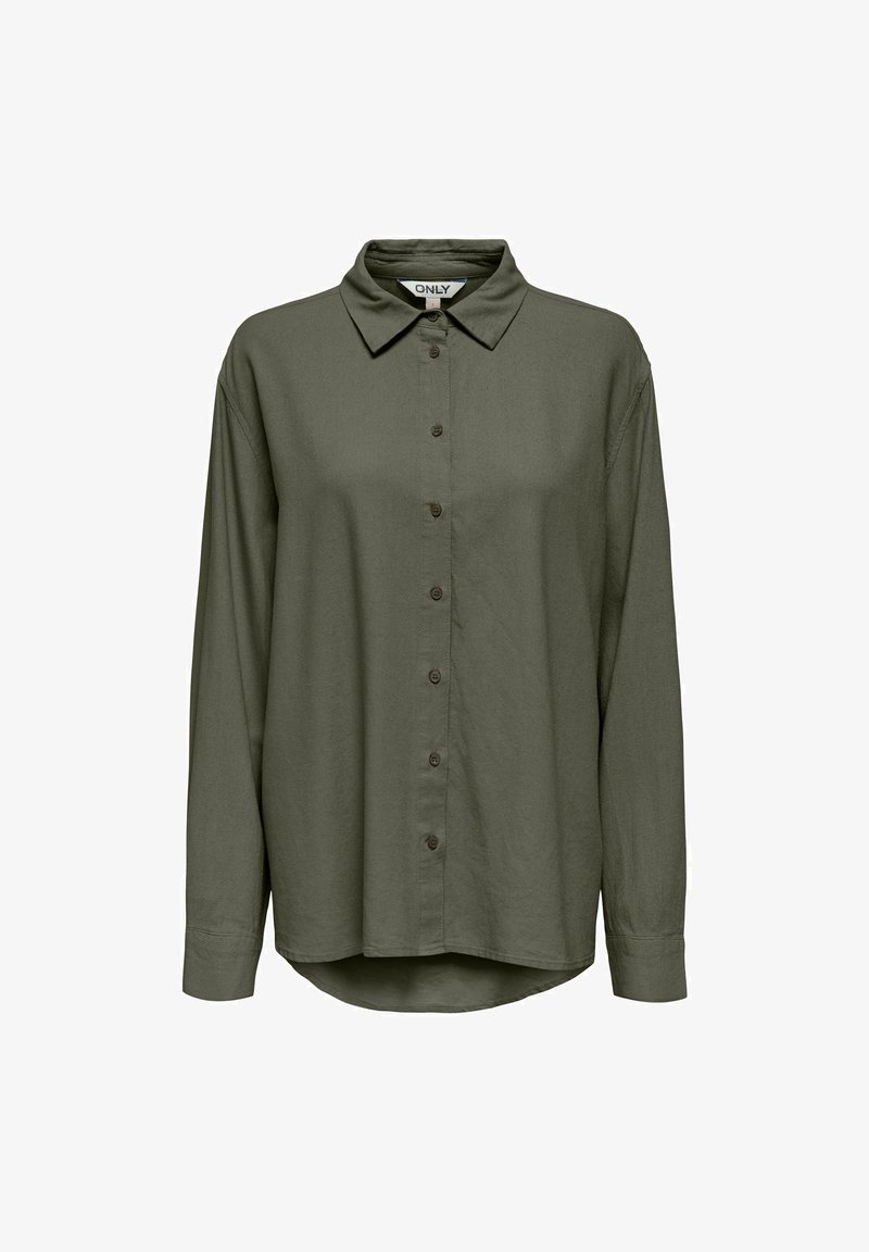 Chemise kaki à manches longues avec boutons, col et ourlet arrondi, design sobre et étiquette de marque visible à l'intérieur du col.