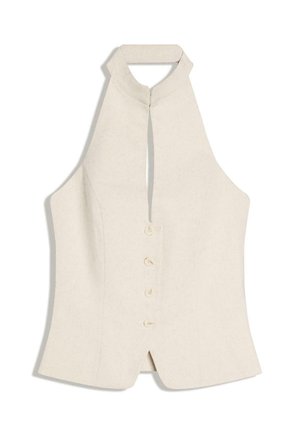 Cream-colored sleeveless top with a high collar, front buttons, and a keyhole opening below the neckline.