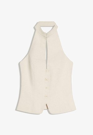 Krem brezrokavnik z visokim ovratnikom, gumbi spredaj in z režo v obliki ključavnice pod izrezom.