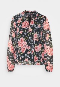 Blusa floreale con tessuto trasparente nero, caratterizzata da grandi fiori rosa e blu, maniche lunghe, scollatura rotonda e dettaglio a chiave sul davanti.