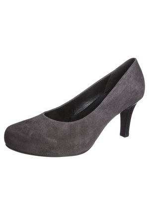 Escarpin fermé pour femme en daim gris foncé, à bout arrondi et talon effilé noir de hauteur moyenne.