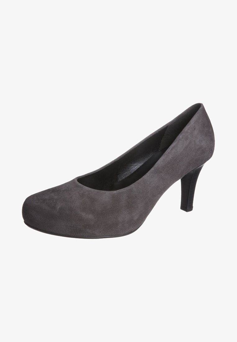 Escarpin fermé pour femme en daim gris foncé, à bout arrondi et talon effilé noir de hauteur moyenne.