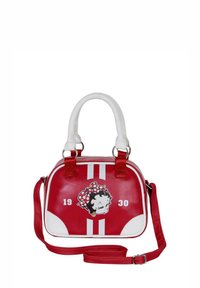 Bolso de mano de imitación cuero rojo con acentos blancos, que presenta un diseño de personaje de dibujos animados, dos asas superiores y una correa para el hombro desmontable.