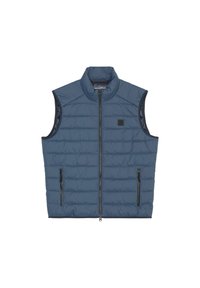 Marineblaues gepolstertes Weste mit hohem Kragen, Reißverschluss vorne und zwei Seitentaschen. Verfügt über eine gesteppte Textur und schwarze Hardware-Details.