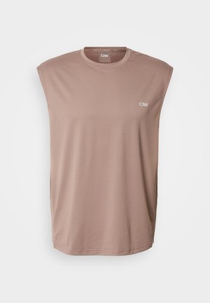 Ujjatlan, világosbarna sportfelső texturált szövetből. Kerek nyakkivágással és apró logóval a mellkason.