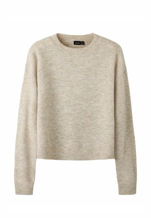 Bež džemper dugih rukava s okruglim izrezom, rebrastim manžetnama i rubom, mekanog teksturiranog pletenog materijala, oznaka LMTD, veličina srednja.