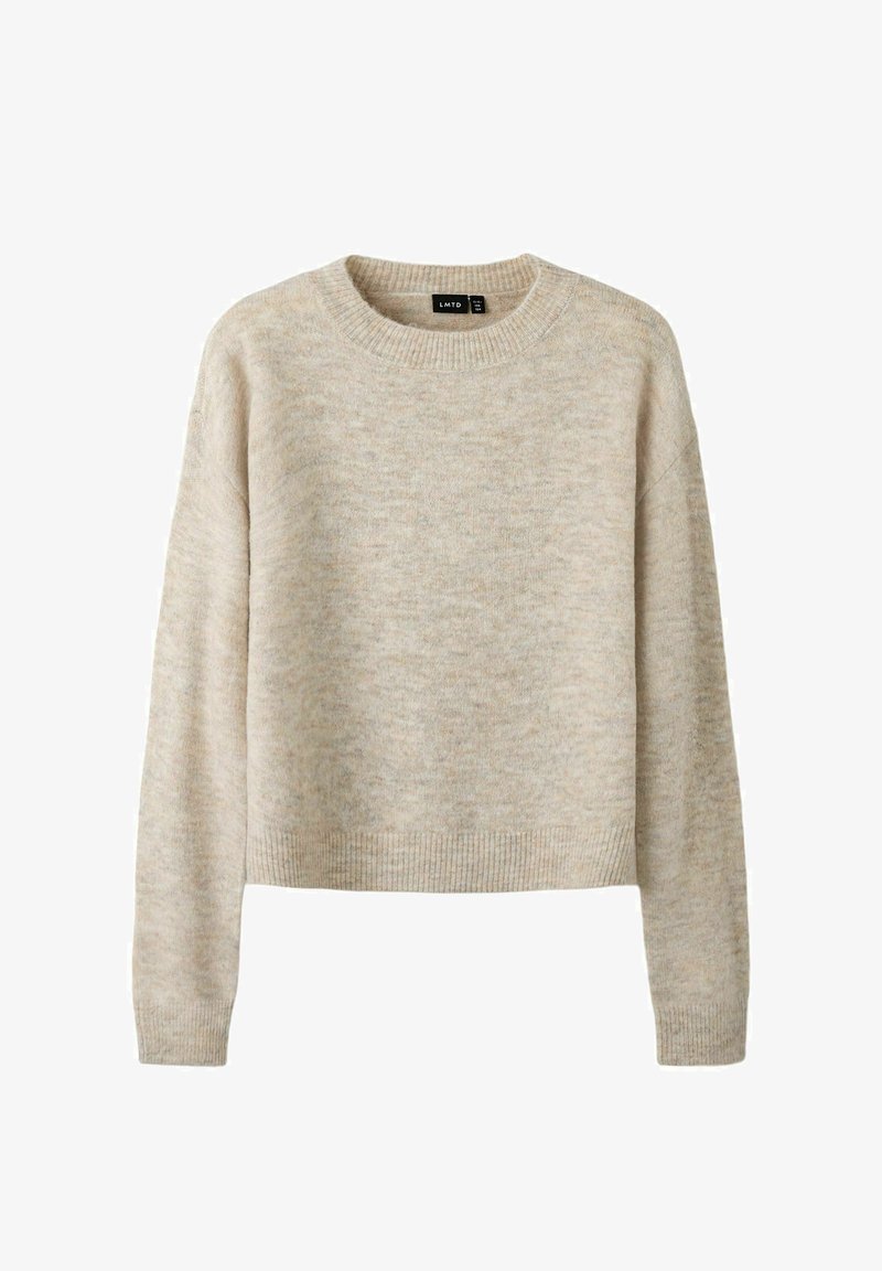 Pull beige à col rond avec manches longues, poignets et ourlet côtelés, tissu en maille douce texturée, étiquette LMTD, taille moyenne.