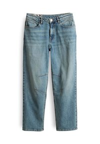 Jean en denim bleu clair coupe droite, poches avant, fermeture par boutons et détails cousus au niveau des genoux.