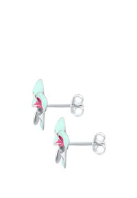 Silberne Steckerohrringe mit einem mintgrünen und pinkfarbenen Design, das eine florale Form und gedrehte Akzente aufweist. Glatte Oberfläche mit sicheren Verschlüssen.