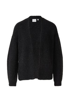 Czarny dzianinowy kardigan z odkrytym przodem, długimi rękawami i ryflowaną strukturą, z delikatnymi metalicznymi nitkami dla podkreślenia detali.