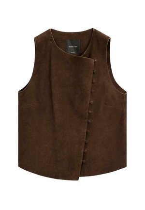 Brun ruskinds ærmeløs vest med et omslag design, der har en skjult knaplukning og rund halsudskæring. Glat tekstur uden synlige mønstre.