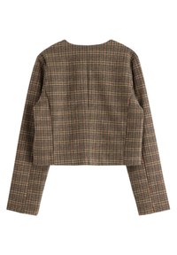 Afskåret jakke med lange ærmer, lavet af tekstureret stof med et ternet mønster i brun, beige og subtile røde nuancer.