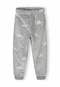Gray, soft fleece pants with a dinosaur pattern in light gray, featuring an elastic waistband and ribbed cuffs at the ankles.
