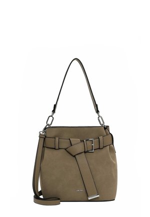 Taupe bucket bag with a top handle, adjustable belt detail with buckle, and detachable shoulder strap, branded Suri Frey on front.