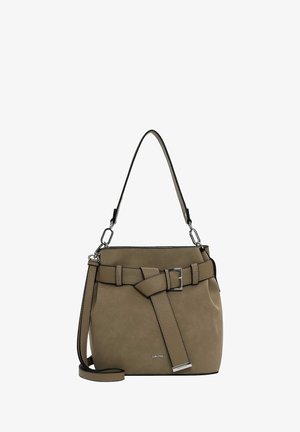 Torba typu bucket w kolorze taupe z górnym uchwytem, regulowanym paskiem z klamrą oraz odpinanym paskiem na ramię, z logo Suri Frey na przodzie.