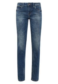 Tmavě modré džíny se slim fit střihem, s jemným opotřebením, pěti kapsami a knoflíkovým zapínáním v pase.