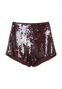 Shorts courts bordeaux couverts de sequins argentés réfléchissants et bordeaux, avec une doublure intérieure lisse. Conception classique taille haute.