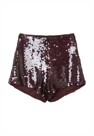 Shorts corti color bordeaux coperti da paillettes riflettenti argento e bordeaux, con una fodera interna liscia. Design classico a vita alta.
