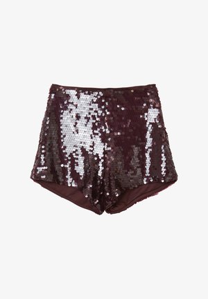Shorts corti color bordeaux coperti da paillettes riflettenti argento e bordeaux, con una fodera interna liscia. Design classico a vita alta.