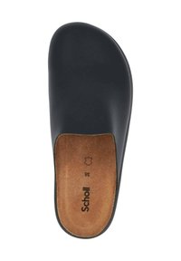 Black slip-on shoe with a smooth exterior and a tan insole. Features rounded toe and minimal design. Size 38 marked on the insole.